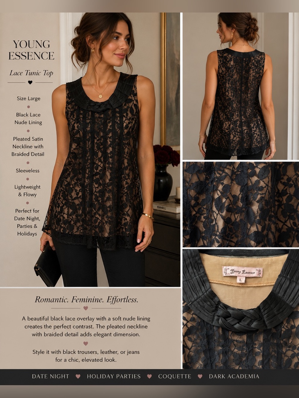 Young Essence Black Lace Nude Lined Sleeveless Tunic Top L‎ Romantic Coquette